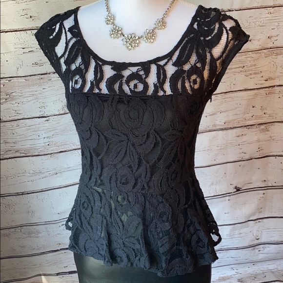Black lace top faux leather Peplum Dress Medium - Picture 3 of 12